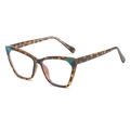 Retro TR90 cat-eye bril met schildpadpatroon en blauw-groene kleurblokdetails - Schildpadframe met Groene Hoeken / Heldere Anti-Blauw Licht Lens