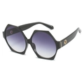 Chic oversized hexagonal sunglasses with purple gradient lenses and gold accents - Bright Black Frame Double Gray Lens
