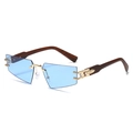 Rimless triangle sunglasses with blue lenses and brown wood grain textured temples - Regular / Standard Gold Frame Blue Lenses (Incl. 13% VAT)