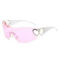 Y2K wraparound sunglasses with pink lenses, white temples and double heart hardware - White Temple Full Pink Lens