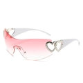 Y2K rimless sunglasses with pink gradient lenses and silver heart charms on white temples - White Temple Gradient Pink Lens