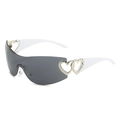 Y2K wrap-around sunglasses with grey lenses, white frames and metal heart decor - Regular / Standard White Temple with Full Grey Lenses