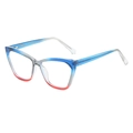 Cat-eye glasses with TR90 blue and red gradient frame shown at a 45-degree angle - Gray-Blue to Pink Gradient Frame / Clear Anti-Blue Lens