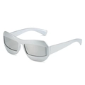 Y2K style frog eye sunglasses in matte silver finish with wide futuristic frames - Silver Frame White Mirror Lens