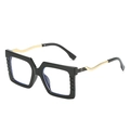 Oversized square blue light glasses with black textured frames and wavy gold metal temples - Glossy Black Frame