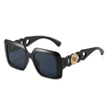 Black oversized square sunglasses with gold chain detailing on the temples, side view - One Size / Black Frame Black Grey Lens