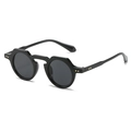 Vintage round frame sunglasses in glossy black with geometric details and metal rivets - Bright Black Frame Grey Lens