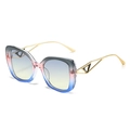 Modern cat eye sunglasses with gradient frame and decorative hollow gold metal temples - Gradient Grey Pink Blue Frame Grey Yellow Lens