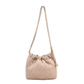 Beige quilted chain crossbody bag with golden metal ball detail on white background - Apricot
