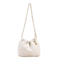 Beige quilted leather crossbody bag with gold chain strap and decorative gold ball charm - White