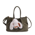 Olive green suede tote bag with grey rabbit plush pendant and golden shoulder strap - With Plush Pendant Style / Green