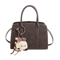 Vintage dark brown suede shoulder bag with a cute teddy bear charm and beaded strap - With Pendant / Brown