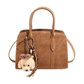 Brown vintage faux suede crossbody bag with cute white plush puppy charm decoration - With Pendant / Brown