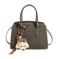 Dark green faux suede crossbody bag with cute dog charm and striped ribbon detail - With Pendant / Green