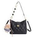 Quilted black crossbody bag with gold lock, decorative heart chain, and cute puppy charm - Black With Pendant