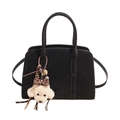 Minimalist black tote bag with long strap and cute plush dog charm with leopard bow - With Pendant / Black
