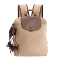 Minimalist khaki canvas backpack with brown leather flap and dog charm detail - With Pendant / Khaki