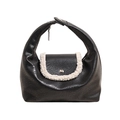 Bolso chic de cuero arrugado negro con borde de piel sintética blanca y hebilla - Negro