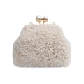 Cremeweiße Plüsch-Handtasche mit goldener Metall-Hardware und großen Perlenverschlüssen - Gebrochenes Weiß