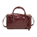 Glossy deep red Boston pillow bag with top handles and detachable shoulder strap - Burgundy