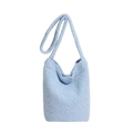 Light blue plush bouclé bucket bag with soft texture and long shoulder strap - Blue