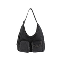Borsa hobo retrò in denim lavato grigio scuro con doppie tasche frontali pratiche - Nero