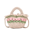 Mini-Häkelhandtasche in Beige mit rosa Tulpenmuster und Umhängeriemen für Kinder - Beige