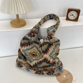 Vintage geometric plush tote bag with wool-like fabric and large capacity for winter - Blue