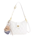 White quilted crossbody bag with golden hardware and cute brown plush dog charm - White With Pendant