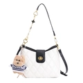 White quilted shoulder bag with black flap, gold heart chain, and cute teddy bear charm - Black & White With Charm