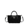 Sac à main chic en peluche noire imitation laine avec garniture en cuir et bandoulière - Noir