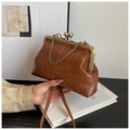 Detail of vintage brown shell bag with antique bronze kiss-lock closure and chain handle - Brown