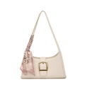Chic beige crocodile embossed underarm bag with gold buckle and silk scarf detail - White