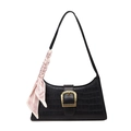 Black crocodile pattern shoulder bag with golden buckle and striped silk scarf accessory - Black