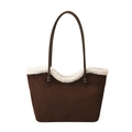 Retro dark brown suede tote bag with white shearling trim and slim dual shoulder straps - Brown