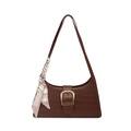 Dark brown faux crocodile shoulder bag with golden horseshoe buckle and decorative silk scarf - Brown