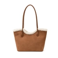 Brown faux suede tote bag with white faux fur trim and long leather shoulder straps - Brown
