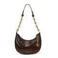 Minimalist dark brown dumpling bag in glossy patent leather with gold chain detail - Brown
