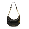 Black crescent hobo bag in wrinkled patent leather with chunky gold chain strap - Black