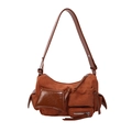 Caramel vintage messenger bag with multi-pockets and mixed leather textures on white background - Brown