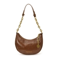 Brown polished leather crescent hobo bag with gold chain strap and branding detail - Brown
