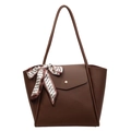 Dark coffee brown tote bag with litchi texture and elegant printed H silk scarf - Brown