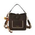 Dark brown leather bucket bag with vintage texture and tribal pattern wide shoulder strap - No Pendant / Brown