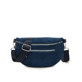 Dark blue suede moon chest bag with wide nylon strap and silver metal hardware details - Blue