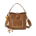 Brown litchi leather bucket bag with wide ethnic strap and gold rivet pocket detail - No Pendant / Brown