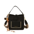 Black matte bucket bag with wide woven shoulder strap and vintage tassel pendant - No Pendant / Black