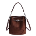 Retro dark brown suede bucket bag with vintage metal twist lock and woven handle - Suede Material Coffee