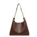 Minimalist large dark brown tote bag with oily leather texture and gold chain strap - Brown