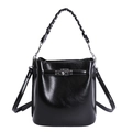 Retro black bucket bag in shiny faux leather with woven handle and silver metal turn lock - PU Leather Black