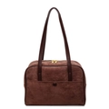 Vintage donkerbruine suède Boston-tas met voorvak en dubbele ritssluiting - koffiekleur